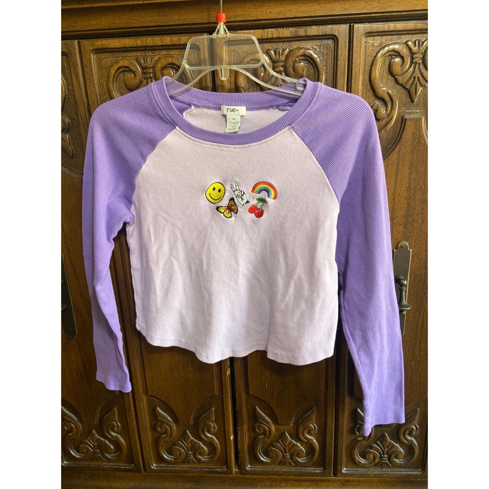 Rue+ Kids Girls Purple Raglan Long Sleeve Ribbed Embroidered Patch Top Size 1X
